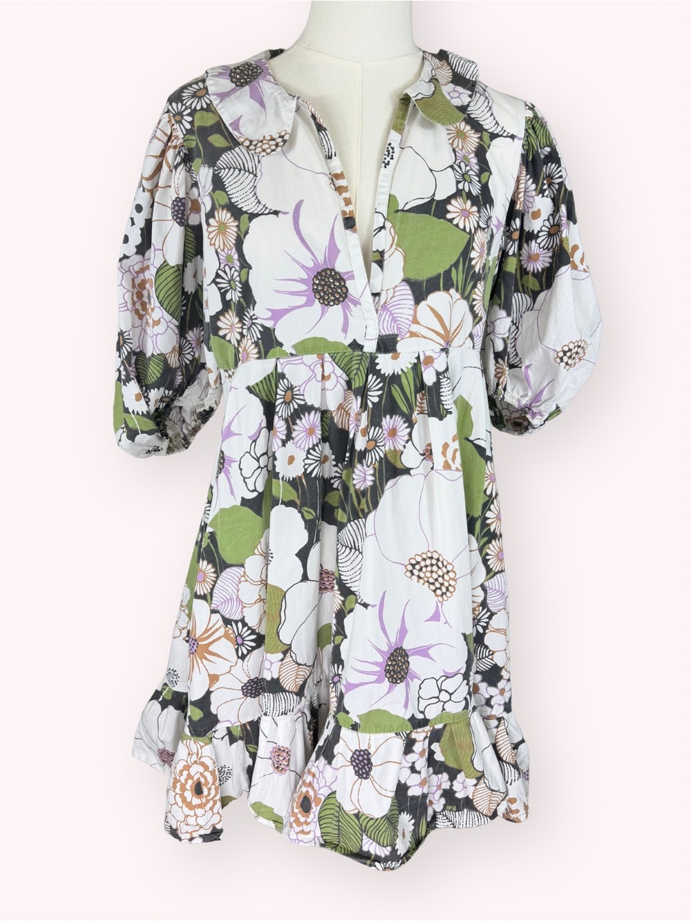 Maje Rafleur 70s Retro Floral Puff Sleeve Babydoll Mini Dress